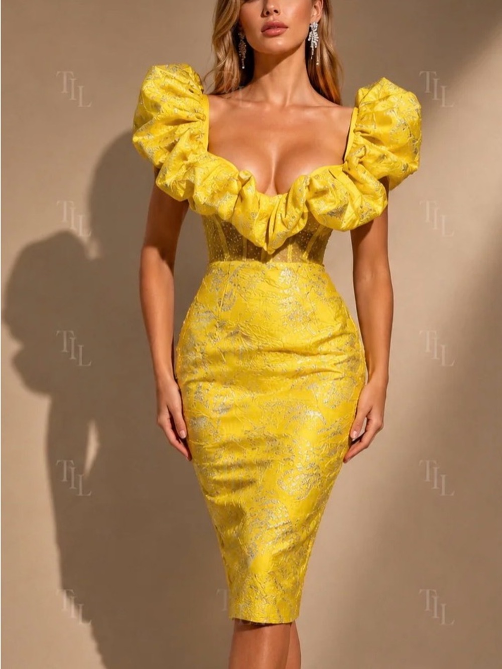 ✨Bella Barnett Jacquard Yellow Midi Dress NWOT